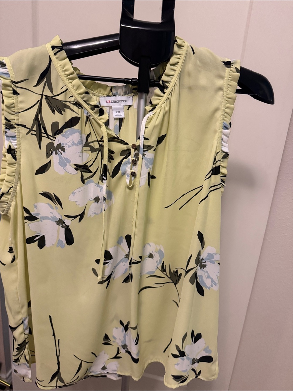 Liz Claiborne Lemon Yellow Floral Ruffle Shell